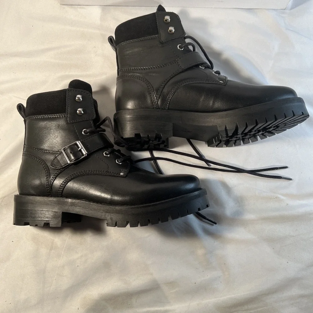 NIB‎ ALLSAINTS Paulina Black Leather Moto Biker Chunky Boots Lace Up Size 7 US